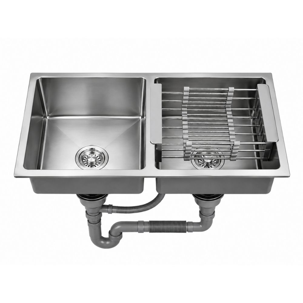 [341000434] Évier cuisine inox 2 bacs + égouttoir + siphon 78x43